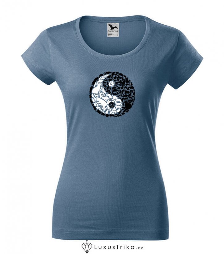 Dámské tričko Kočičí Jin Jang denim - Velikost: XL, Umístění motivu: Na hruď (velký motiv)