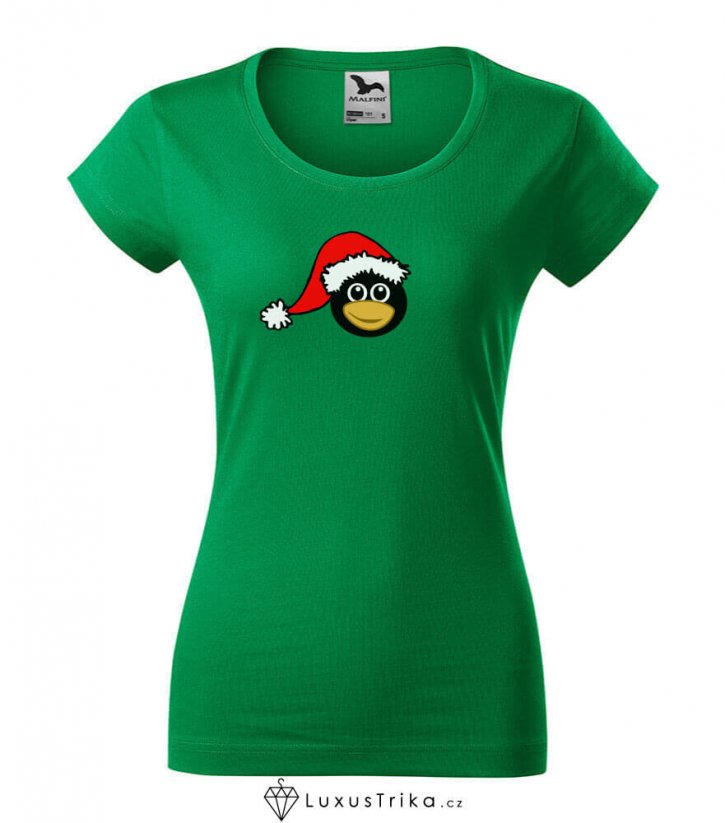 Dámské tričko Christmas penguin středně zelená - Velikost: S